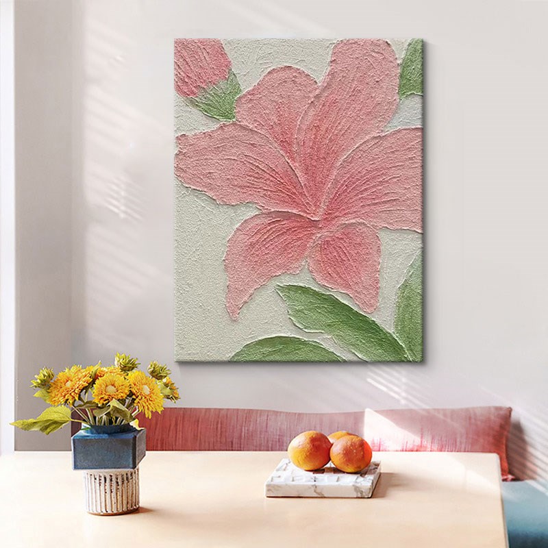 爆款粉色石英砂百合花纯手绘油画立体花卉花朵装饰画客厅玄关肌理图片