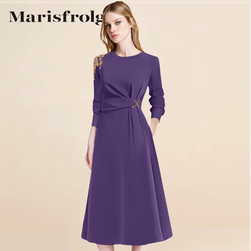 玛丝菲尔重工钉珠连衣裙女装2024新品秋季长袖紫色显瘦中长款裙子