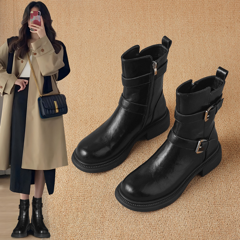 ZHR短靴女2024新秋冬复古西部牛仔靴小个子增高粗跟皮带扣马丁靴