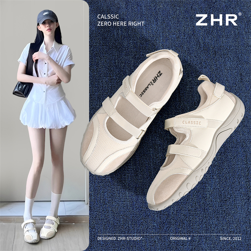 ZHR运动芭蕾玛丽珍鞋女2025新款春休闲网面浅口单鞋魔术贴小白鞋