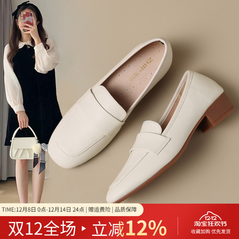 ZHR真皮乐福鞋女2025新款秋季法式粗跟白色小皮鞋秋通勤软底单鞋