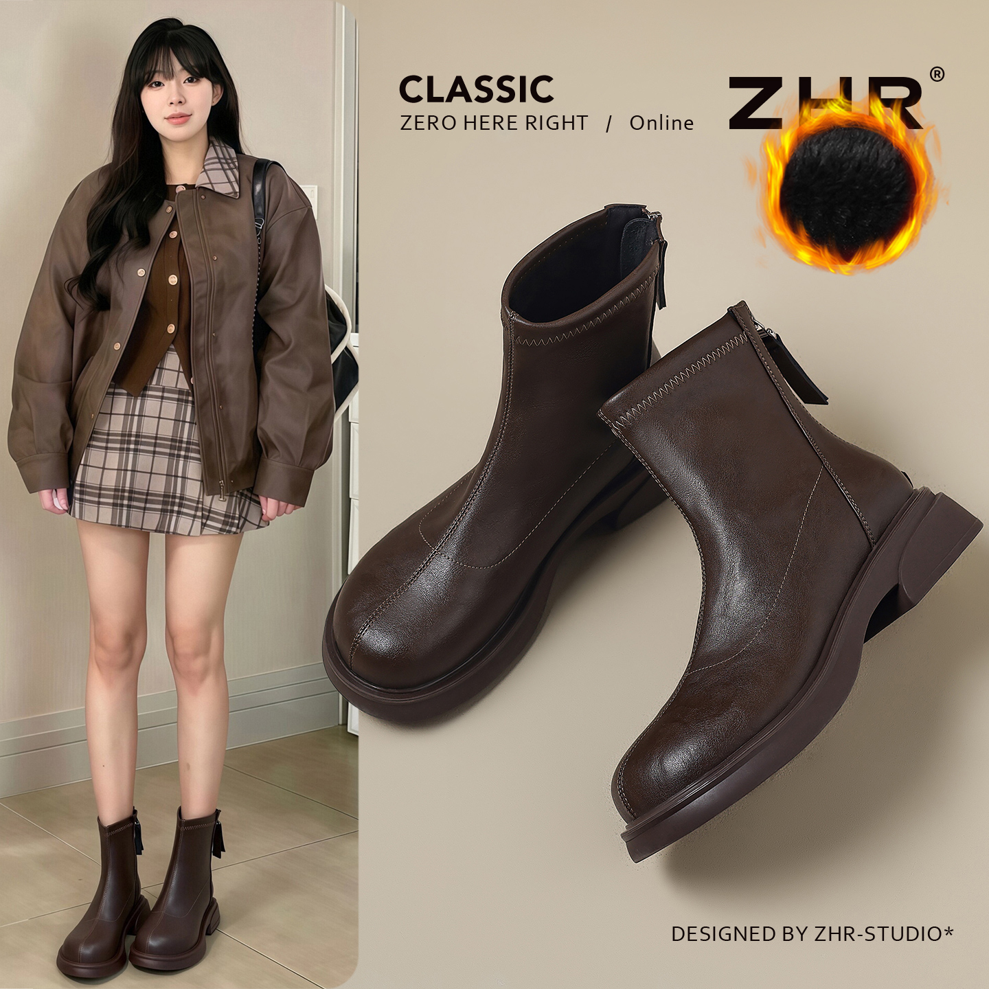 棕色短靴秋冬季百搭英伦风加绒