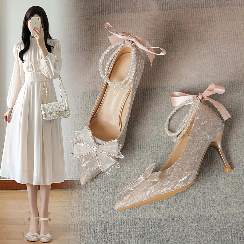 婚鞋新娘鞋细跟尖头高跟鞋不累脚