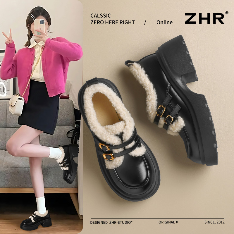 ZHR加绒乐福鞋女2025冬毛毛鞋外穿雪地靴高跟英伦小皮鞋深口单鞋