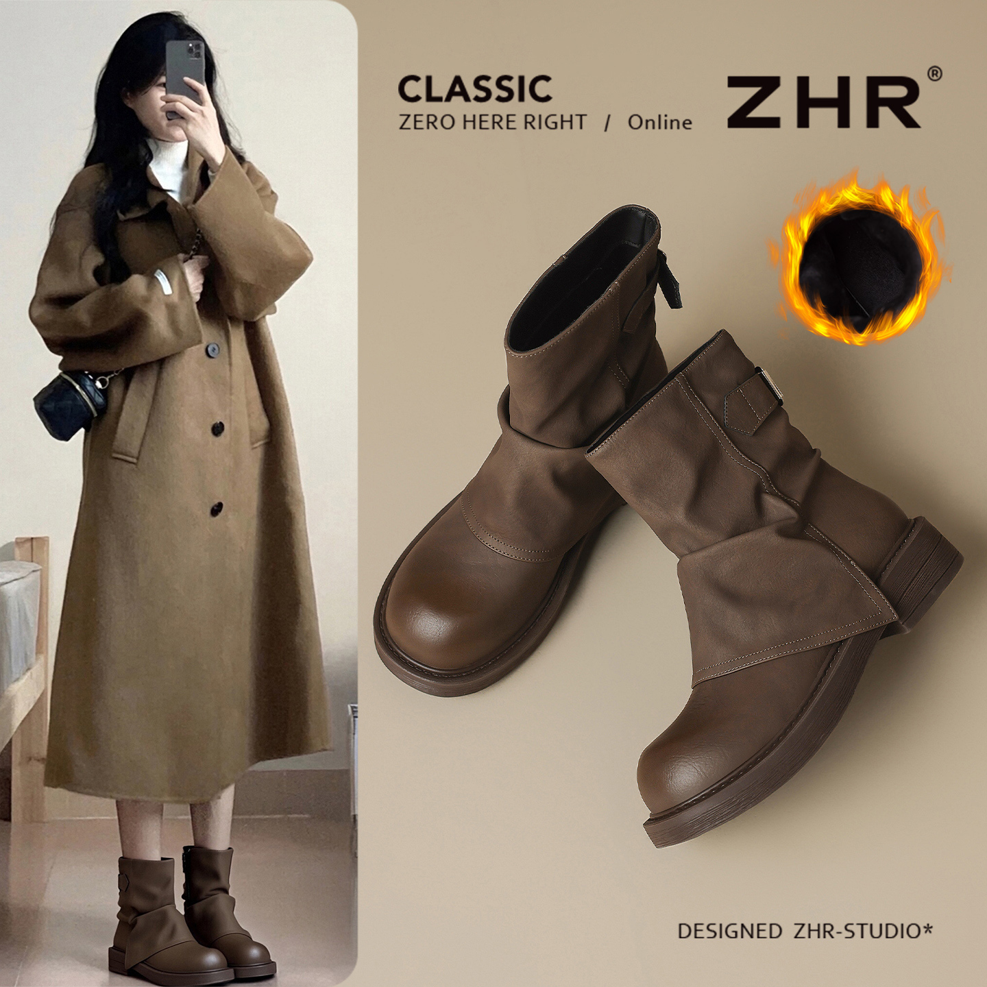 ZHR女加绒保暖厚底骑士靴秋冬