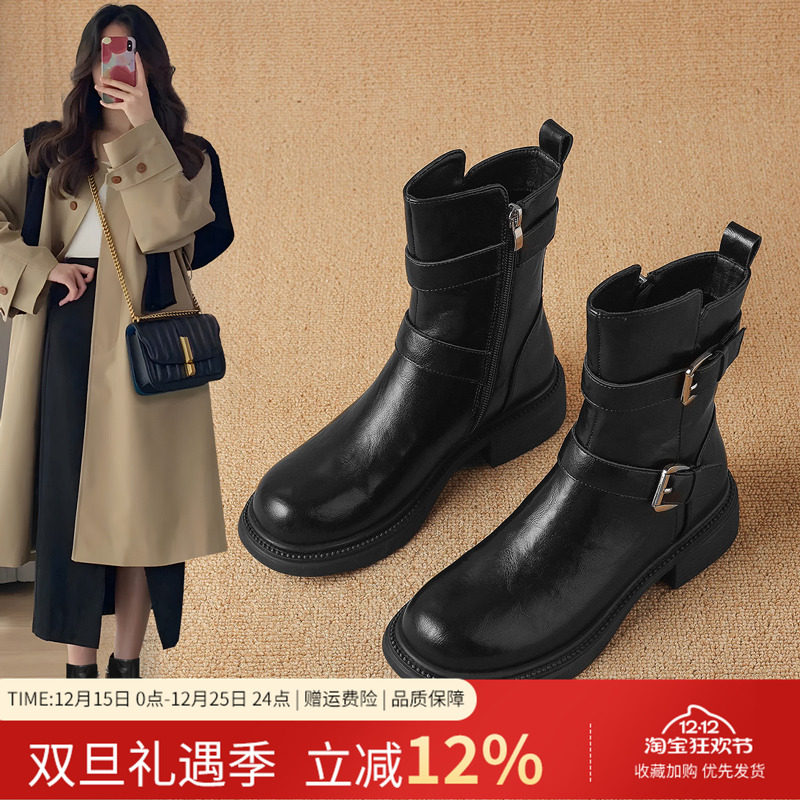 ZHR短靴女2024新秋冬复古西部牛仔靴小个子增高粗跟皮带扣马丁靴