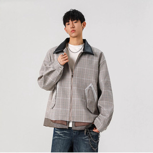 千鸟格廓形外套男女款2026春秋季新款青少年宽松休闲拼接翻领夹克
