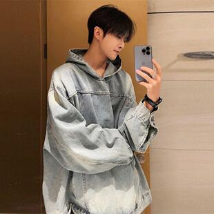 美式连帽牛仔卫衣秋冬季oversize夹克男女款大码港风水洗休闲外套