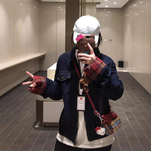 美式复古格子拼接牛仔外套男女春秋季新款宽松百搭休闲夹克上衣服