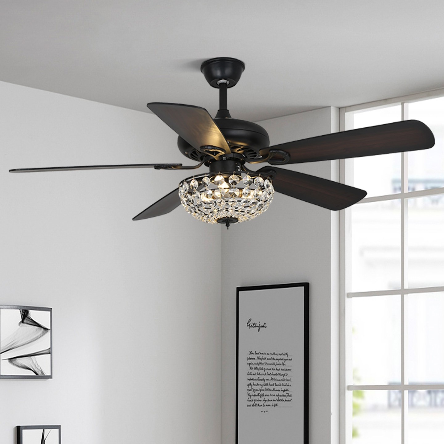 复古美式餐厅吊扇灯黑色卧室电风灯扇吊灯水晶中古客厅家用风扇