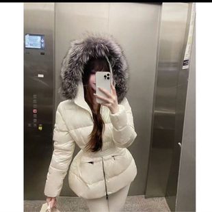 收腰大毛领羽绒服女短款修身蒙家口袋反季大冬季大气保暖外套