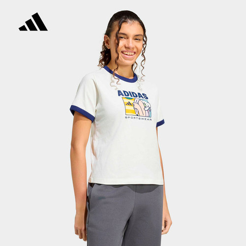 adidas阿迪达斯休闲运动舒适印花圆领半袖2026夏女短袖T恤 KC8603