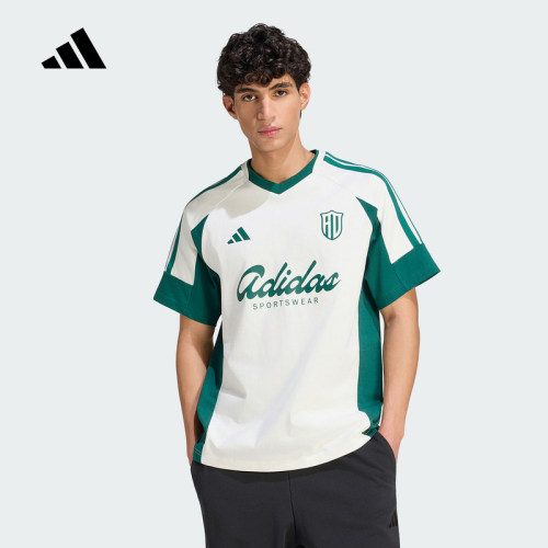 adidas阿迪达斯男三条纹足球风撞色印花棉休闲运动短袖T恤 KS5052