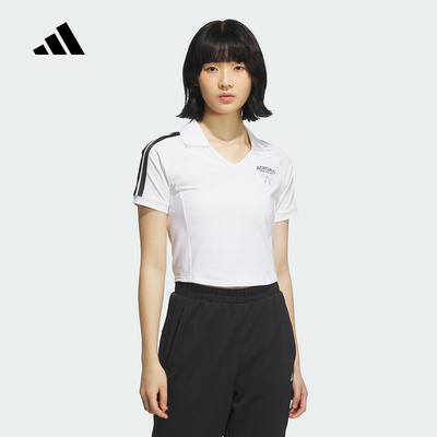 adidas阿迪达斯秋女运动休闲V领短袖修身POLO衫弧形下摆KE5799
