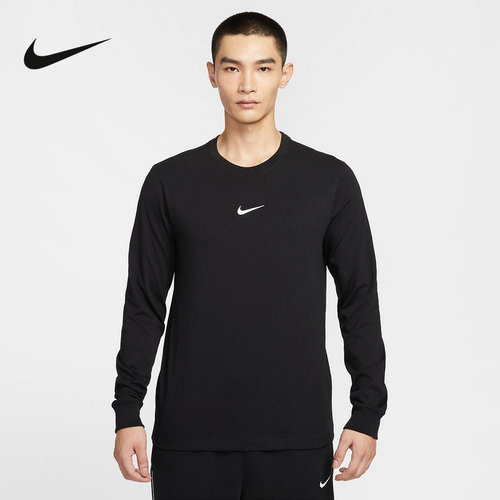 Nike耐克男子运动打底套头衫篮球印花棉质黑色长袖T恤HV1771-010