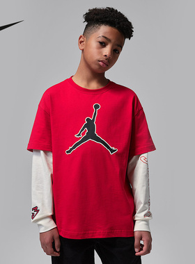 耐克JORDAN大童纯棉长袖T恤26年新款男童运动复古针织IU5372-687