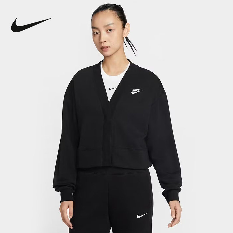 耐克Club女子薄绒开衫外套刺绣l小标宽松休闲针织夹克IF5456-010,运动服/休闲服装,运动茄克/外套,淘宝优惠券,粉丝福利购,淘宝优惠卷