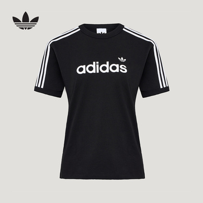 adidas阿迪达斯三叶草2026夏女三条纹纯棉运动休闲短袖T恤 HZ9542