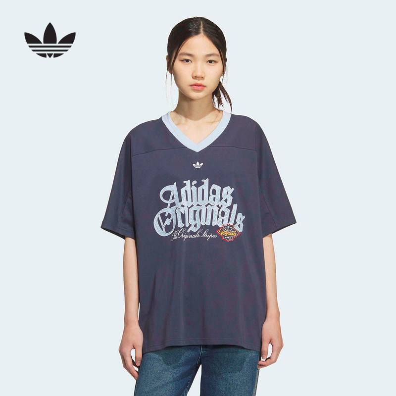 adidas阿迪达斯三叶草V领半袖球衣2026夏女宽松透气短袖T恤KT3063 - 实物图