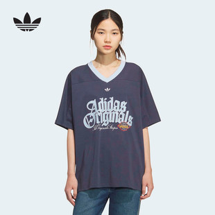 adidas阿迪达斯三叶草V领半袖球衣2026夏女宽松透气短袖T恤KT3063