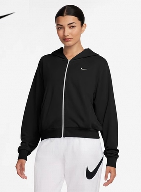 耐克黑色针织夹克女运动服连帽宽松跑步外套FN2420-010