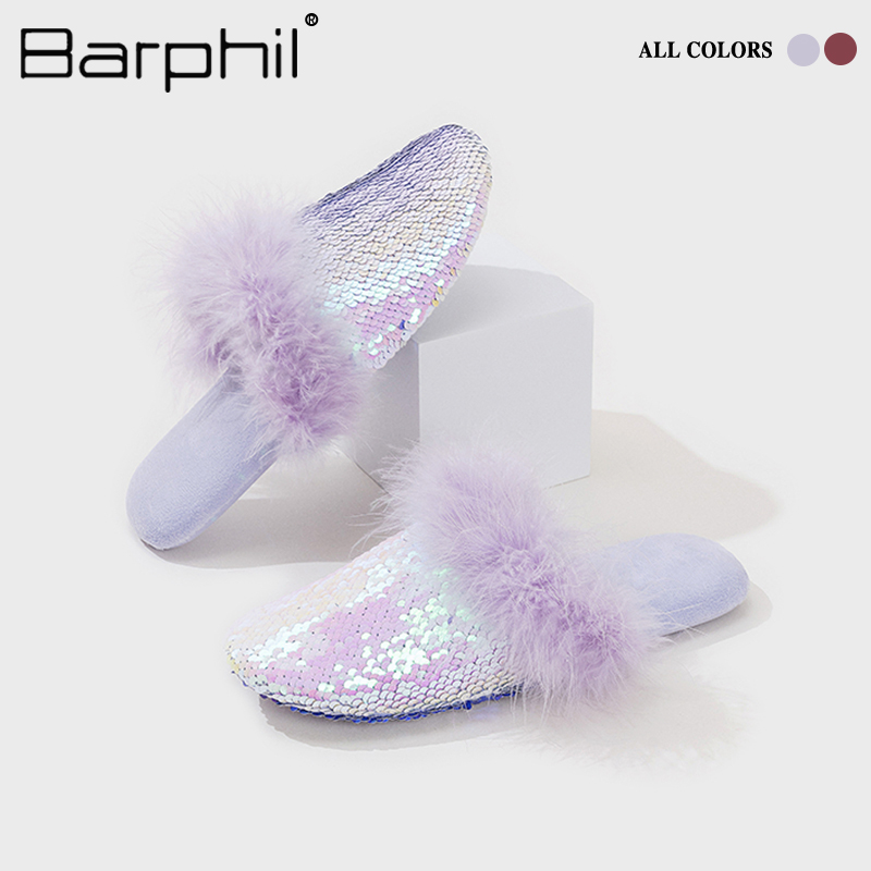 Barphil棉拖鞋女秋冬季2025新款加绒保暖毛毛时尚亮片软底月子鞋