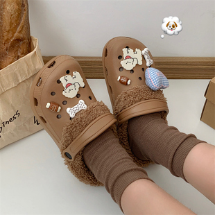 加绒洞洞鞋女可拆卸情侣冬季厚底增高外穿护士保暖毛毛棉拖鞋女士