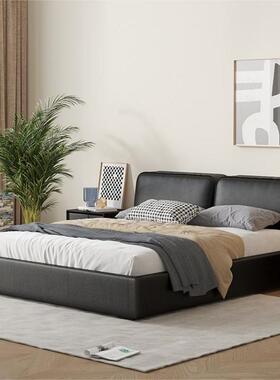 意式极简夏图大黑牛真皮床轻奢现代简约主卧1.8米双人实木皮艺床