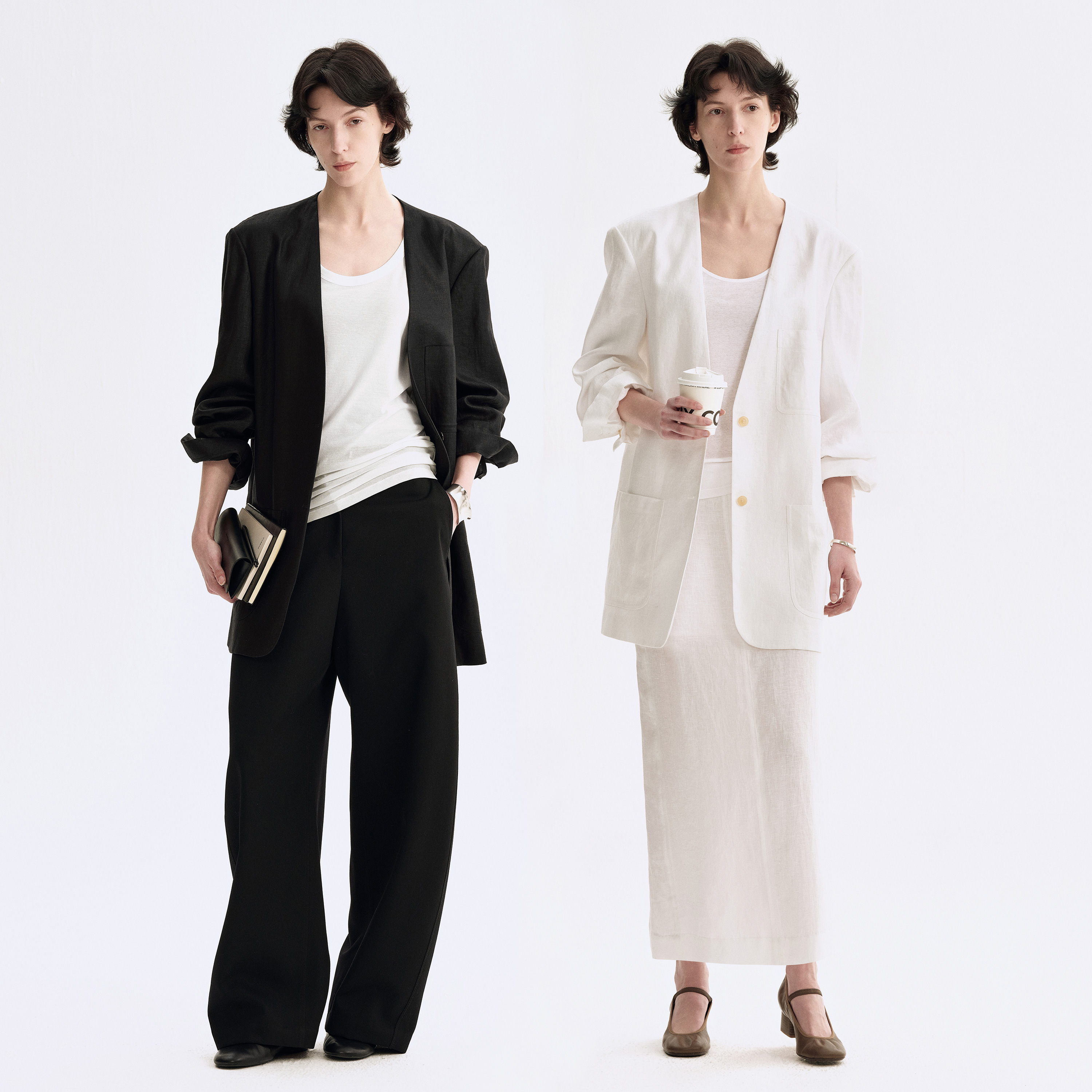 白弓“亚麻系列”100%麻西装外套女轻薄精致气质廓形西服夏53581