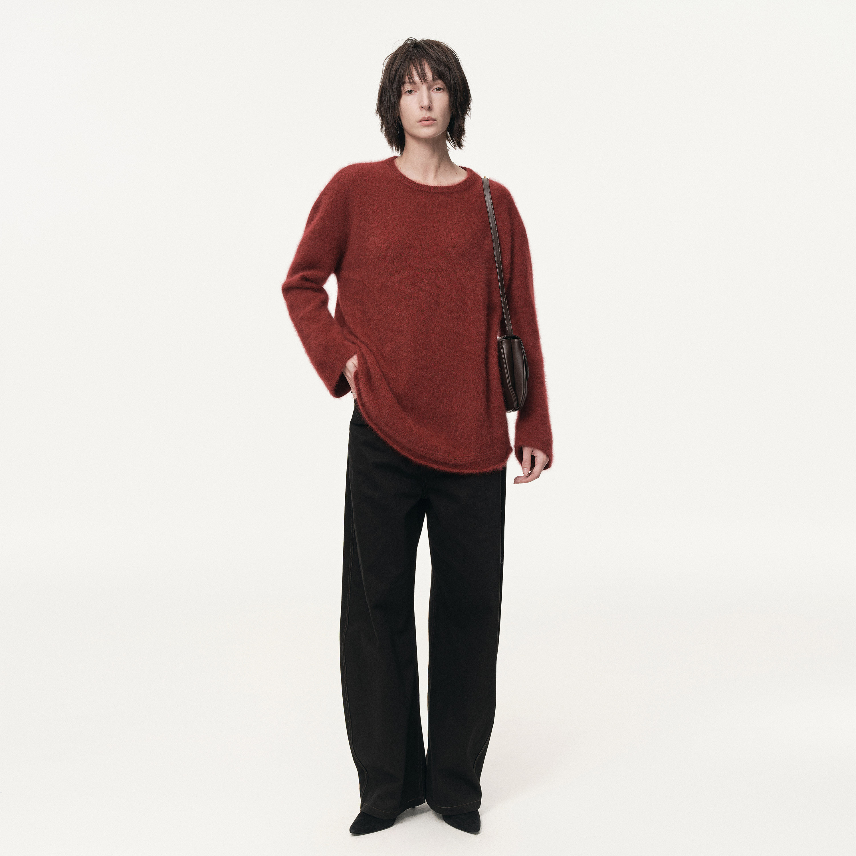 白弓100%特种动物毛定制短绒氛围感圆领长袖毛衣女秋冬季55360