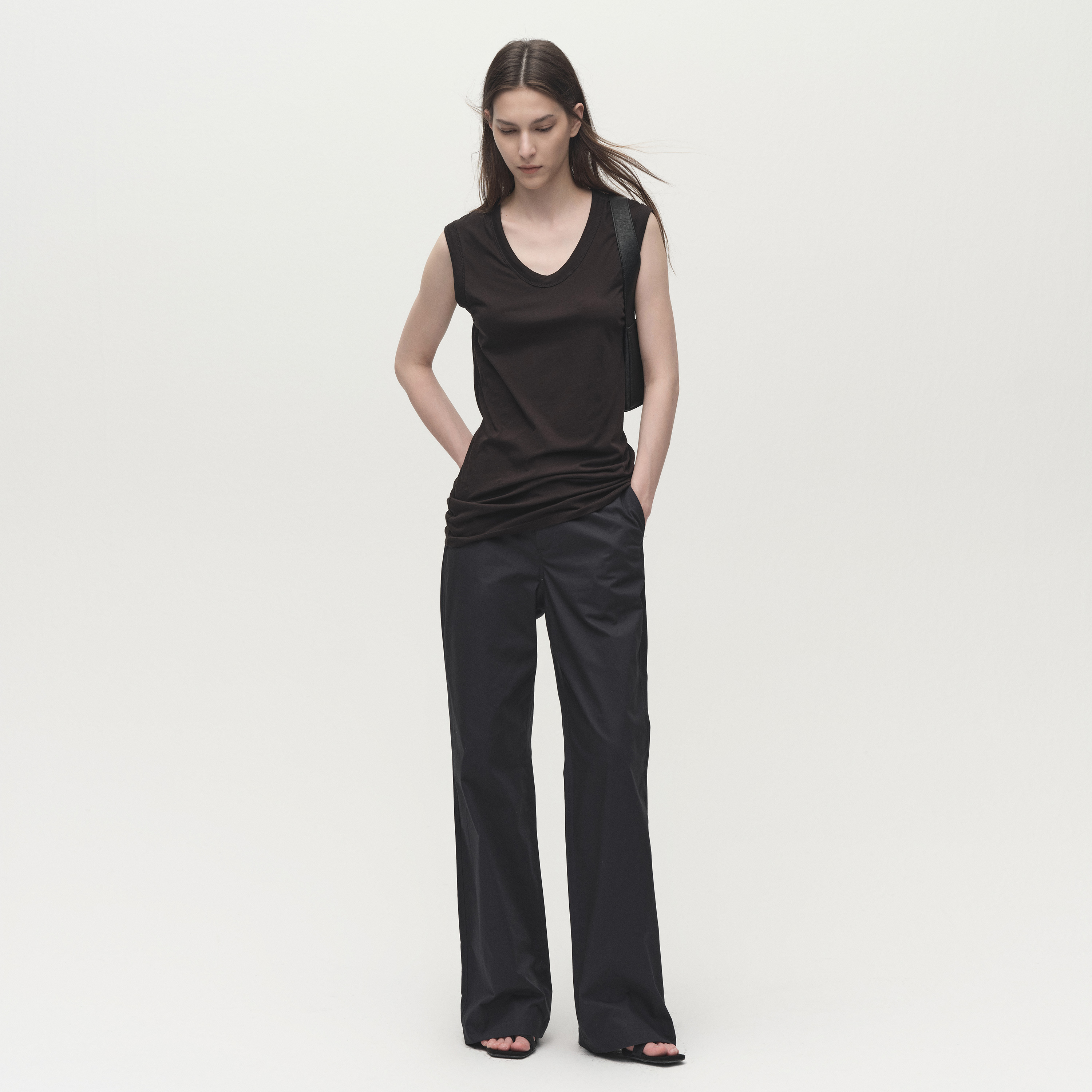 白弓2025年夏季新款100%棉直筒通勤休闲裤女显瘦中腰长裤55715