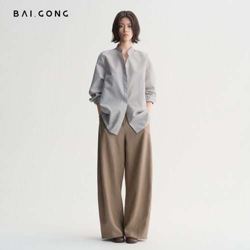 白弓 2026秋季新款100%汉麻松弛感镰刀阔腿裤女通勤休闲长裤57677