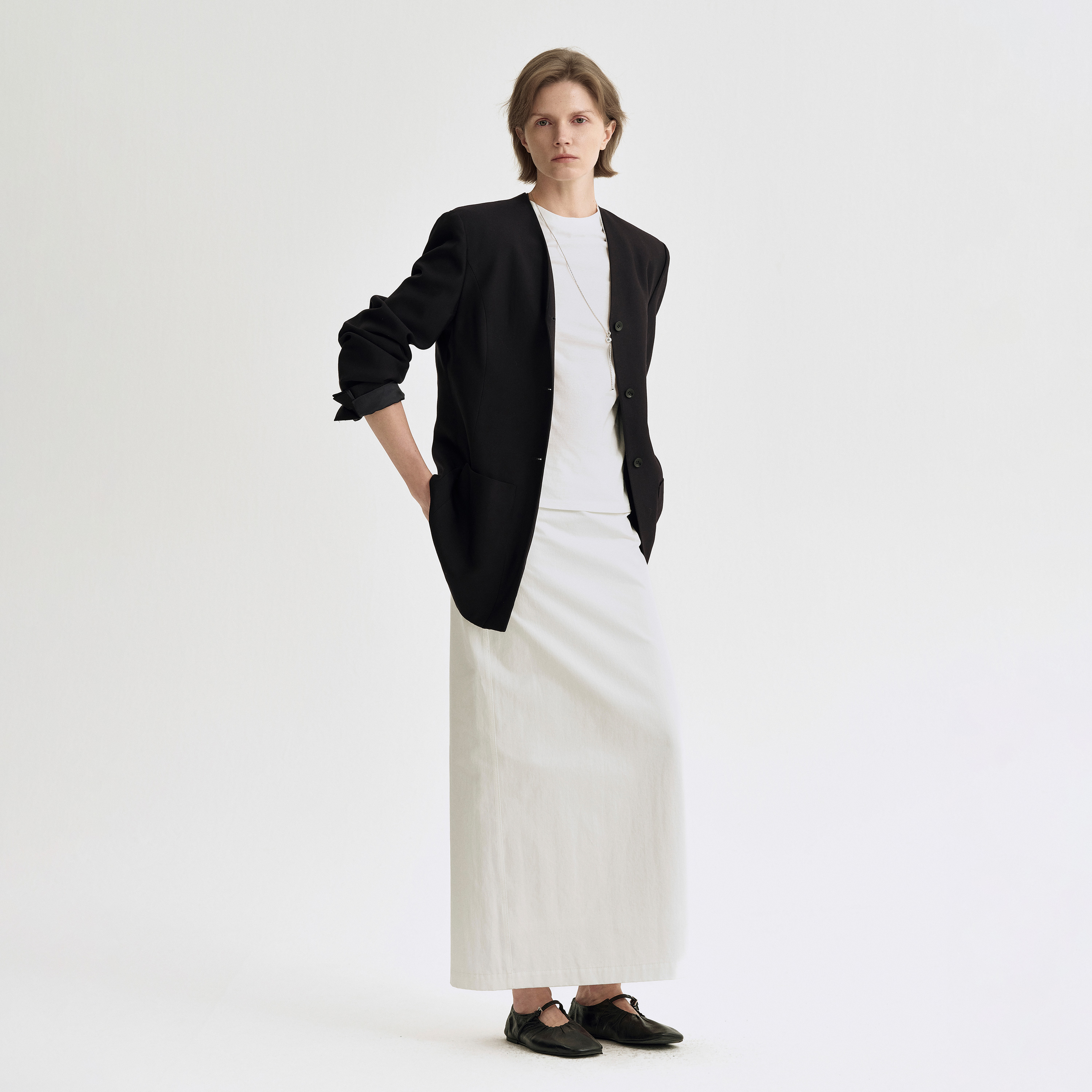 白弓2025年早春新款设计简约一步裙100%棉半身裙后开叉长裙53725