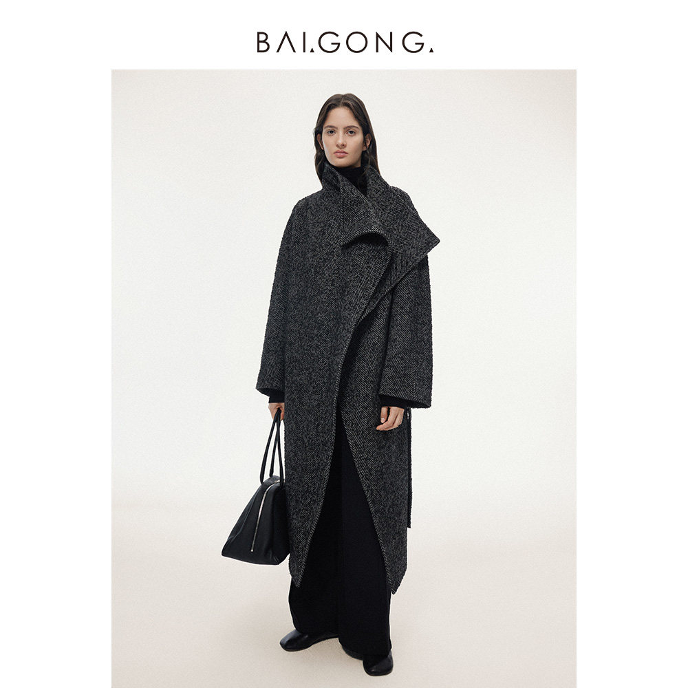 白弓绵羊毛大翻领毛呢外套