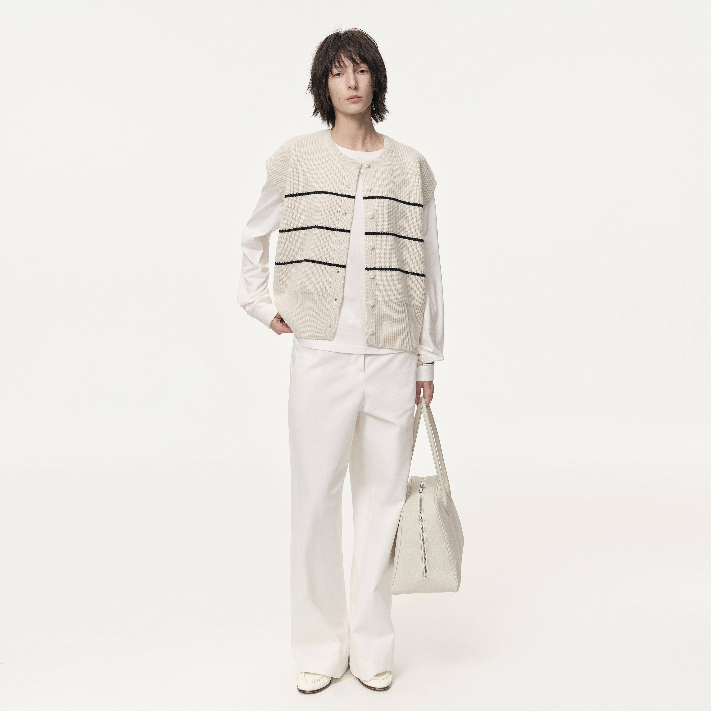 白弓2025年秋冬新款100%绵羊毛经典条纹毛衣背心女叠穿上衣55338