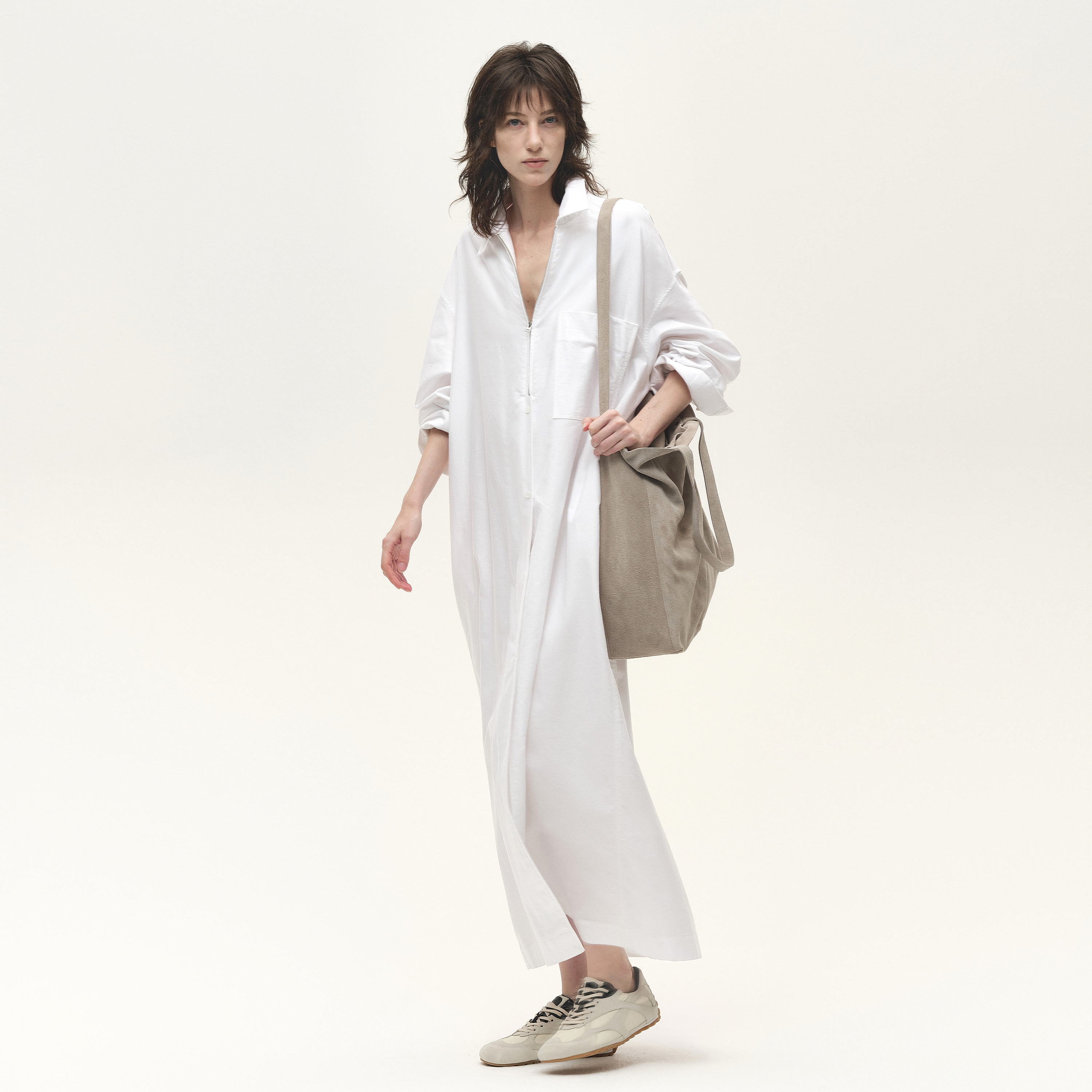 白弓定制都市时髦感牛津纺100%棉长款宽松长袖衬衫连衣裙女56630