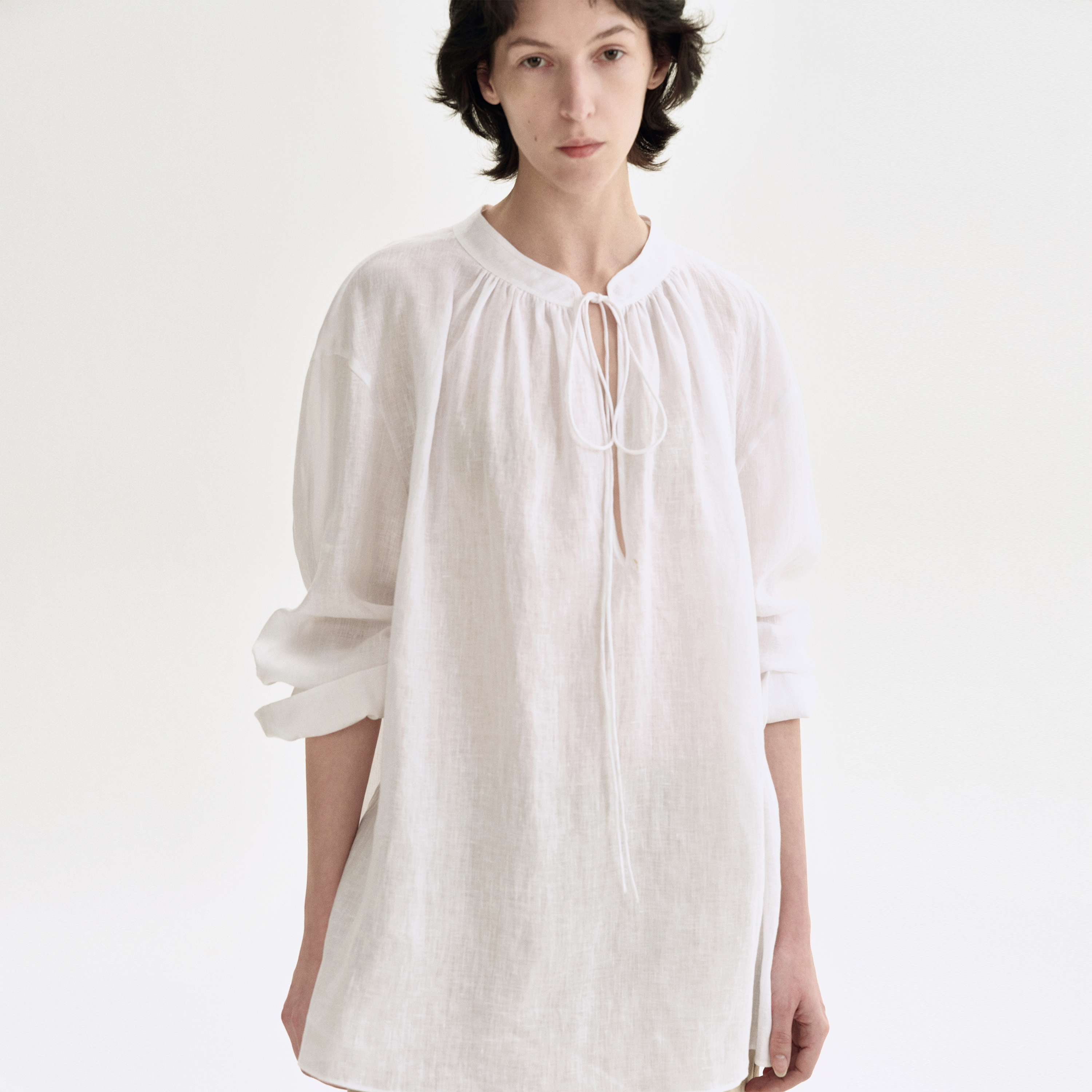 白弓“亚麻系列”夏季新款进口100%亚麻系带长袖衬衫女上衣53722