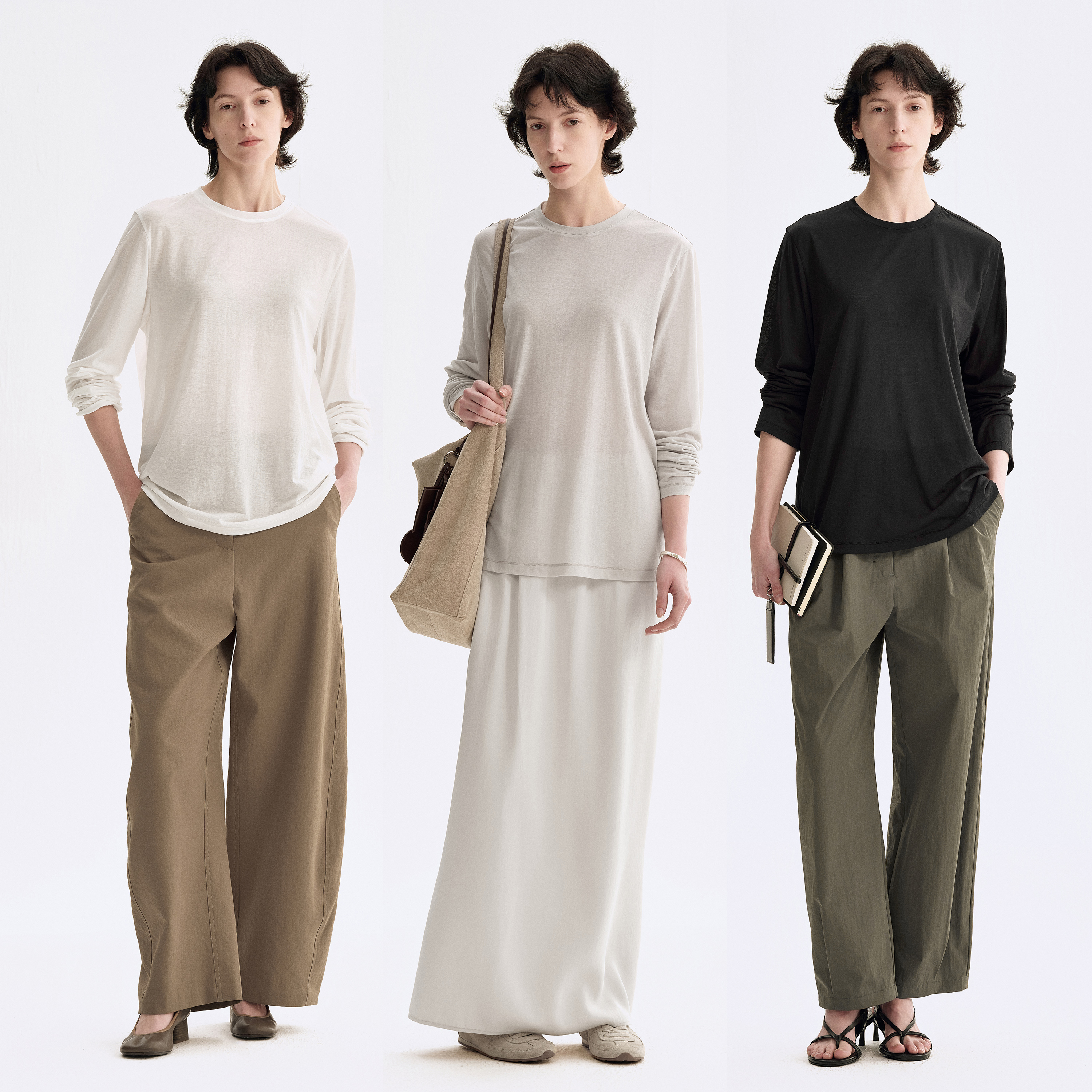 白弓2025年春夏新款舒适100%棉长袖圆领T恤女经典基础款上衣39587