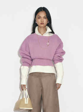 CREMAISH斜领收腰毛衣 宽松短款高腰百搭小众高级感纯色上衣女