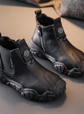 netx inss男童马丁靴2025秋冬真皮儿童短靴加绒宝宝女童雪地棉靴