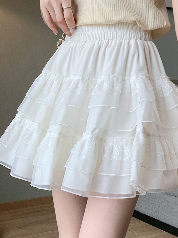 网纱短裙女2024新款夏季高腰小个子蕾丝白色a字蓬蓬蛋糕裙半身裙