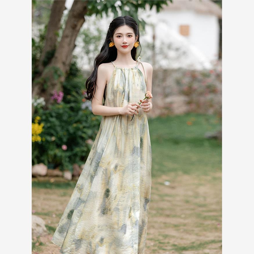 宽松无袖露肩晕染挂脖连