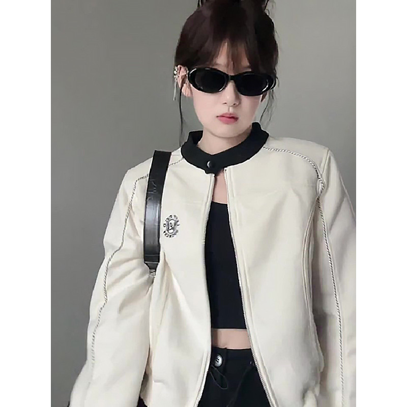 美式街头白色短款棒球服外套女春季新款休闲磨毛夹克外套