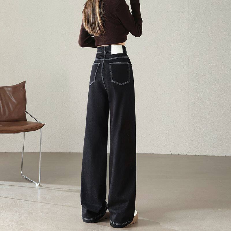 黑色阔腿牛仔裤女春秋高街新款高腰垂感宽松小个子窄版直筒拖地裤