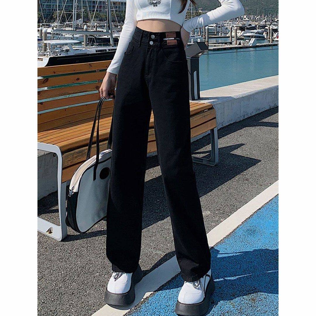 黑色阔腿牛仔裤女窄版直筒宽松显瘦设计感双排扣超高腰垂感拖地裤