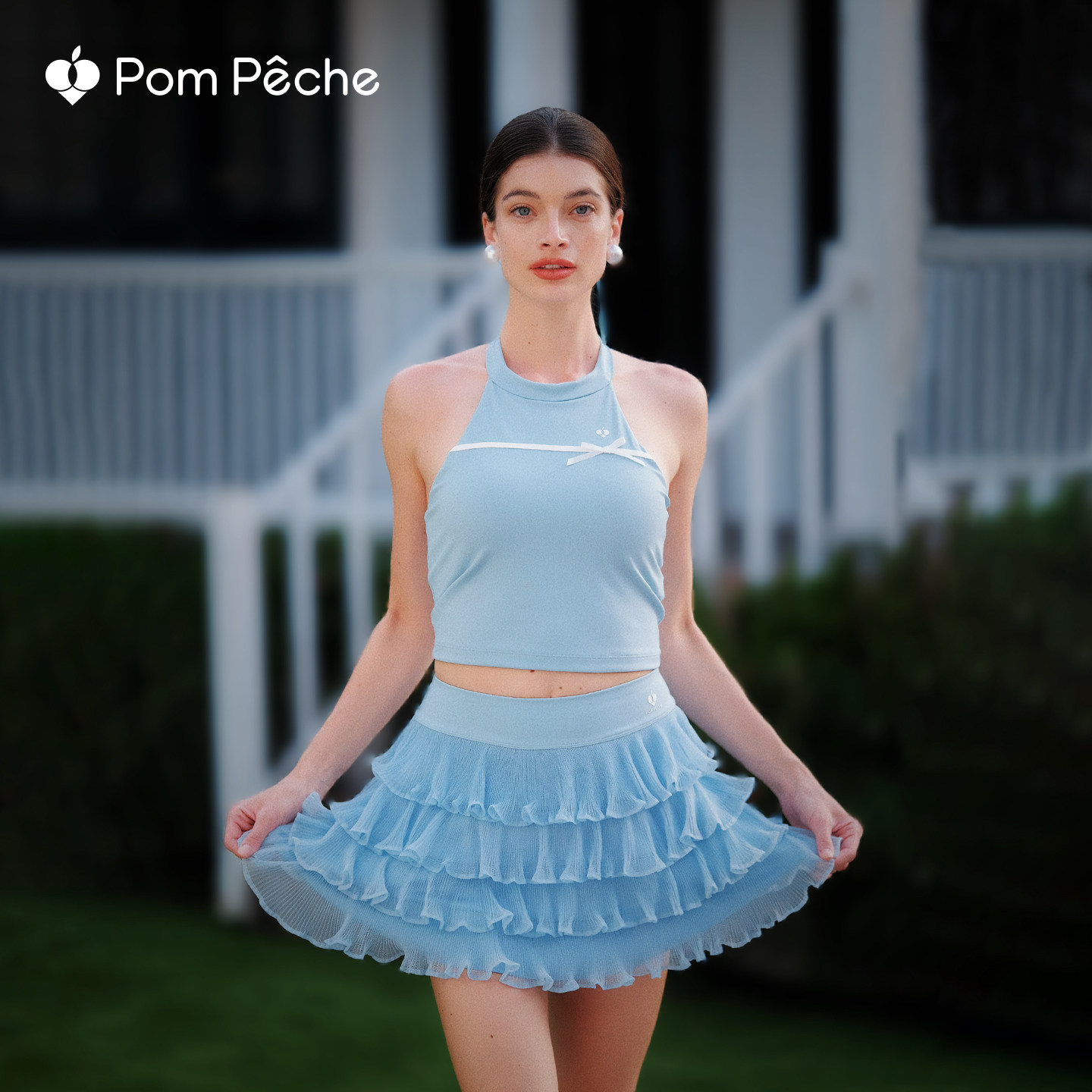 小香肩运动背心女蝴蝶结美背外穿带胸垫瑜伽普拉提网球服PomPeche