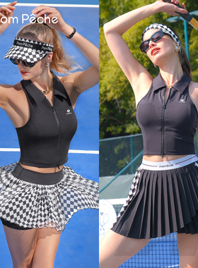 PomPeche彭派奇网球服女款专业运动黑色系背心短裤套装上衣半身裙