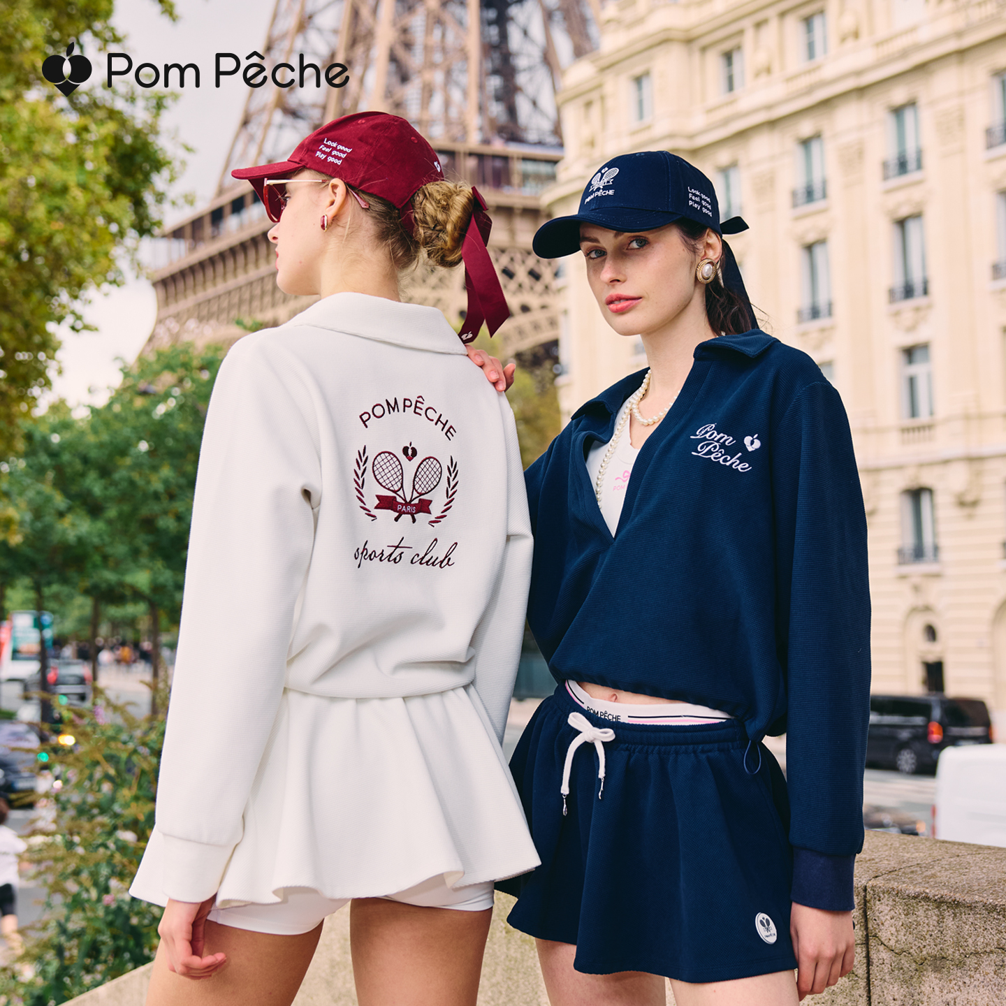 华夫格网球卫衣女超大刺绣休闲翻领长袖上衣运动服套装冬PomPeche