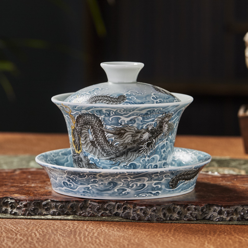 墨彩海水龙纹马蹄盖碗