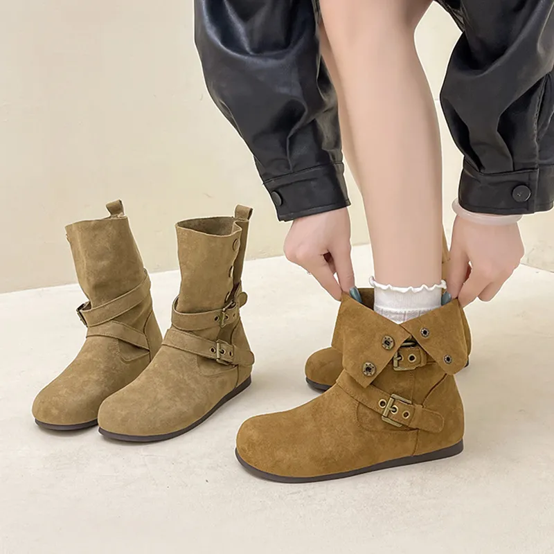 磨砂皮两穿中筒短靴西部牛仔时装靴女秋冬复古简约舒适平底马丁靴